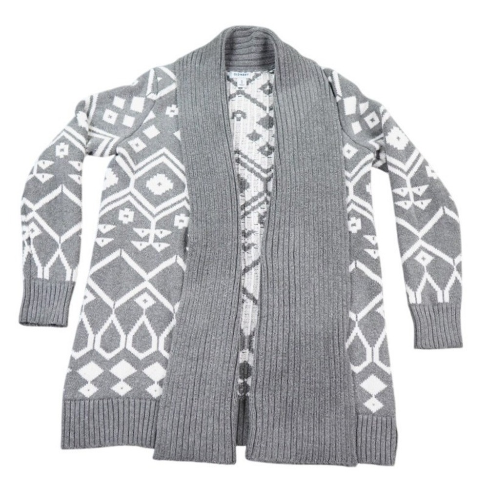 Old Navy Cardigan Women M Gray Geometric Fair Isle Open Front Shawl Sweater